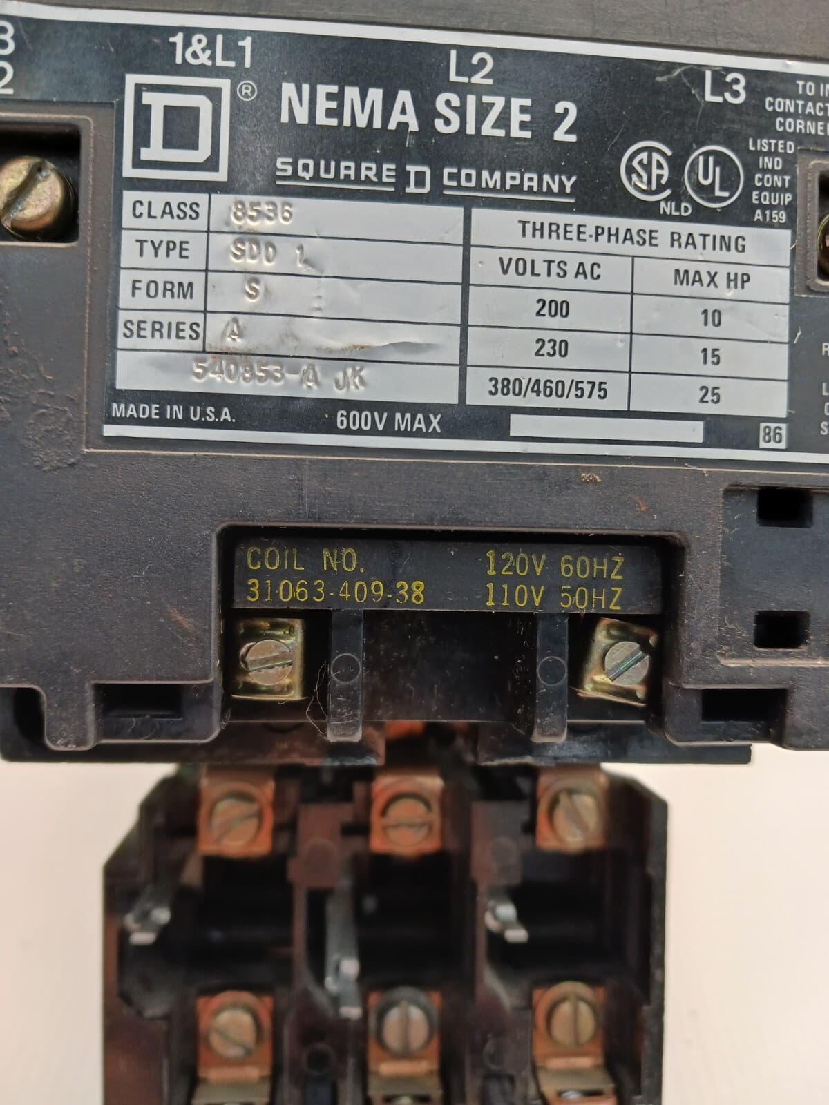 SQUARE D SIZE 2 MOTOR STARTER 8536 SD01 COIL 120V 25 HP 45 AMP 2