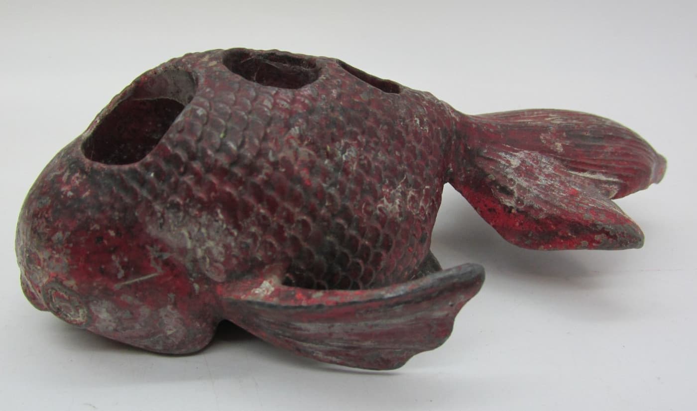 Antique Cast Iron Metal Red Koi Gold Fish Flower Frog Ikebana Flower arranging 4