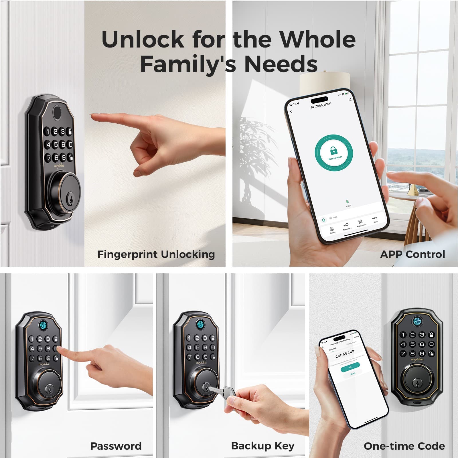 ARPHA Fingerprint Door Lock Biometric Smart Lock APP Bluetooth Keyless Deadbolt 2