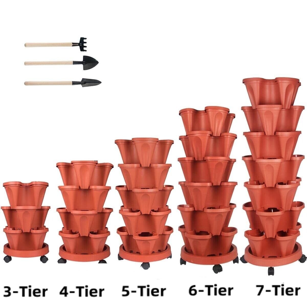 Vertical Planter 3-7 Tier Stackable Planters w/ Wheels & Tools Garden Tower Pot