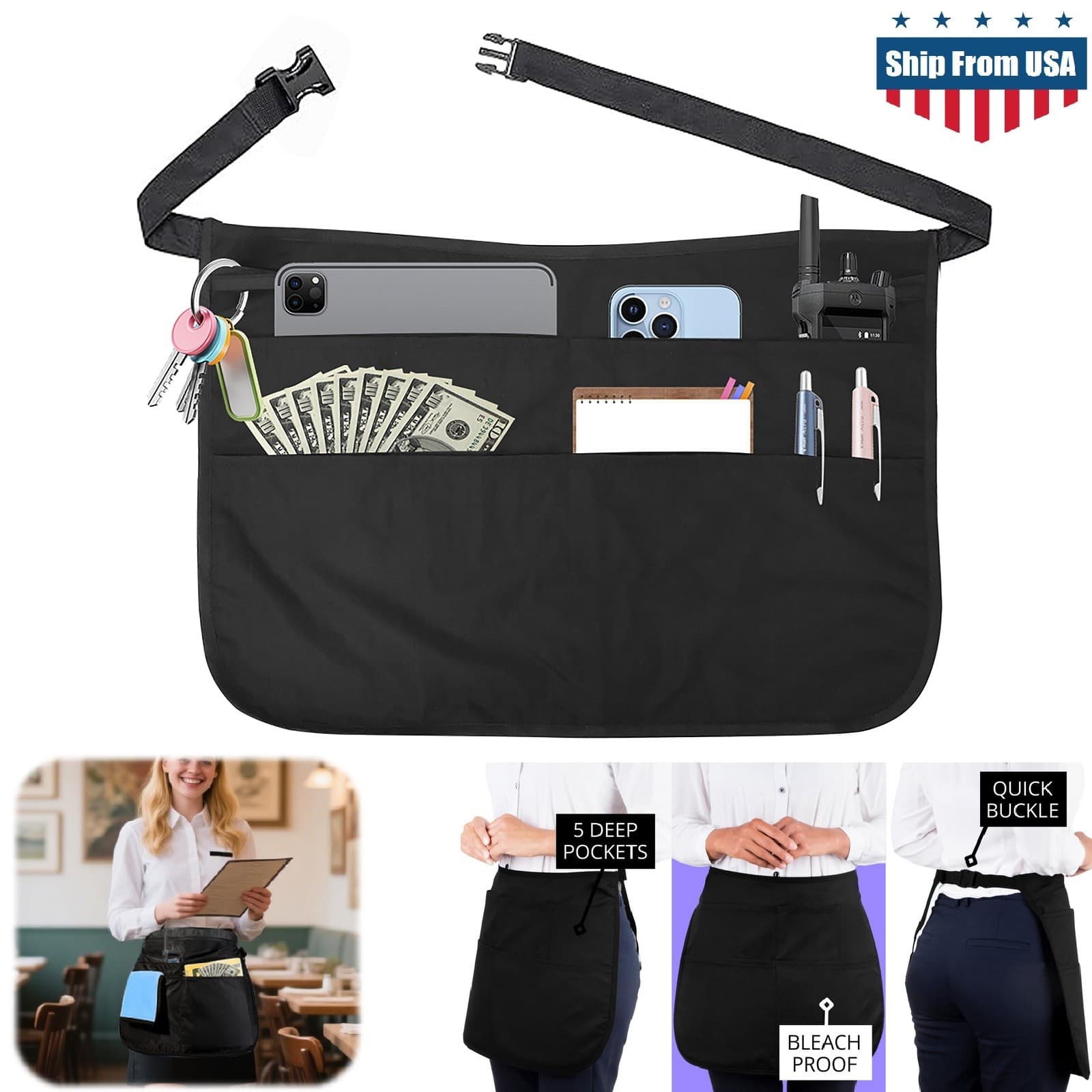 2× Server Apron with 5 Pockets Half Waitress Apron Women Men Waitress Tool Bag