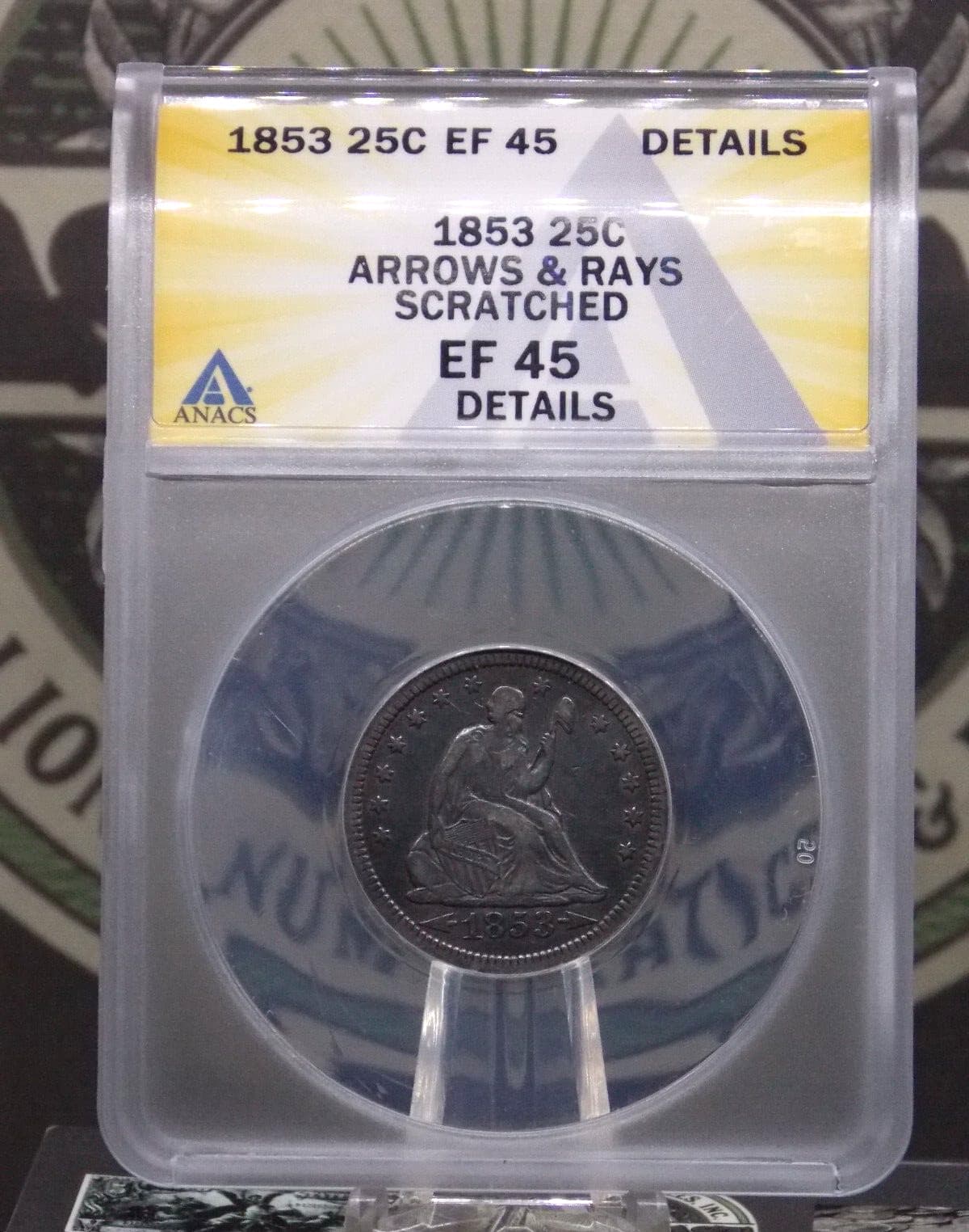 1853 "P" Seated Liberty Quarter *ARROWS & RAYS* 25c ANACS EF45 XF Details #084 3