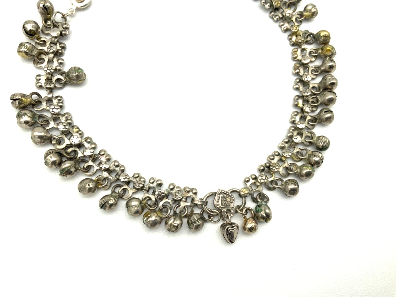 Antique Tribal Old Silver ANKLET Belly Dance Bells Authentic Hearts Signed Lock 2