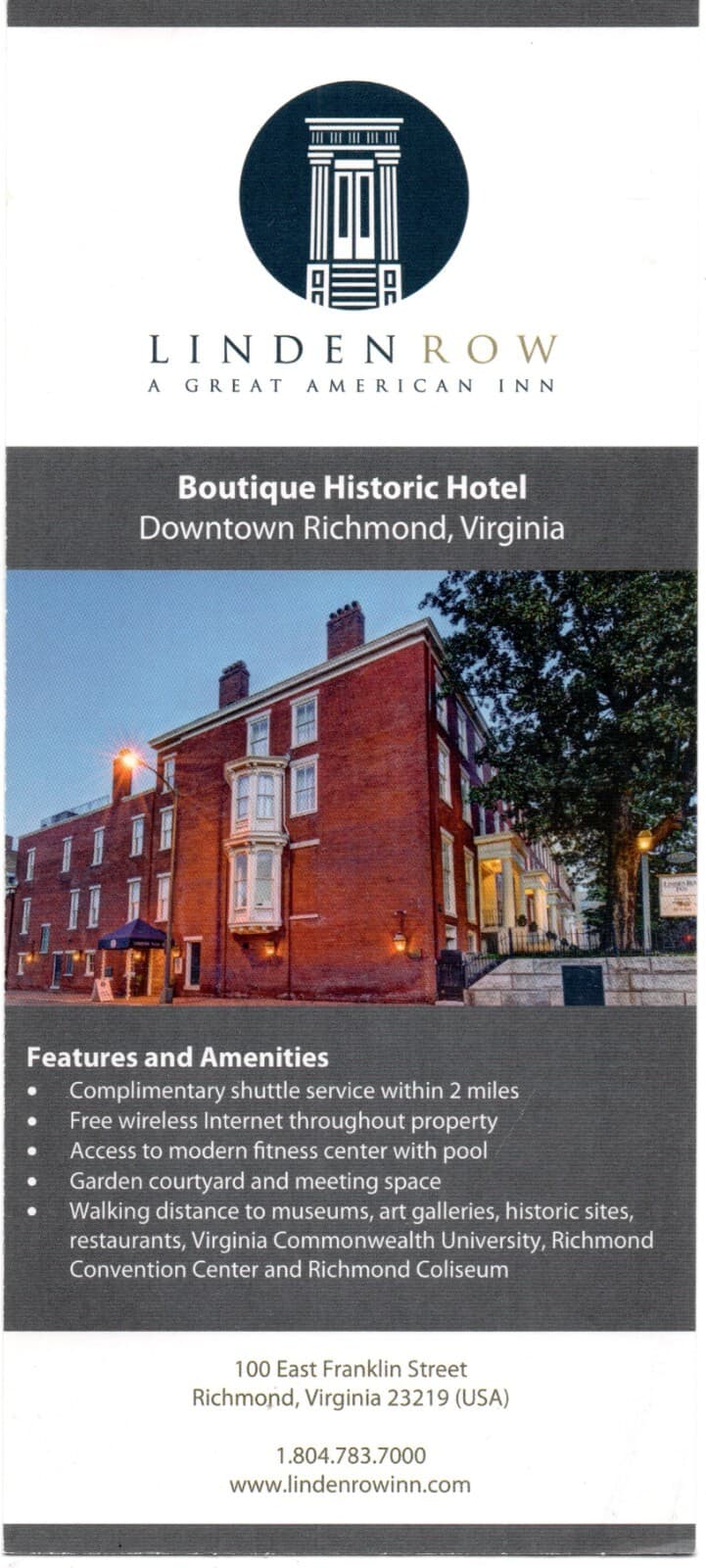 Travel Rack Card Meadowbrook Inn Blowing Rock NC/Linden Row Inn Richmond VA 2019 2