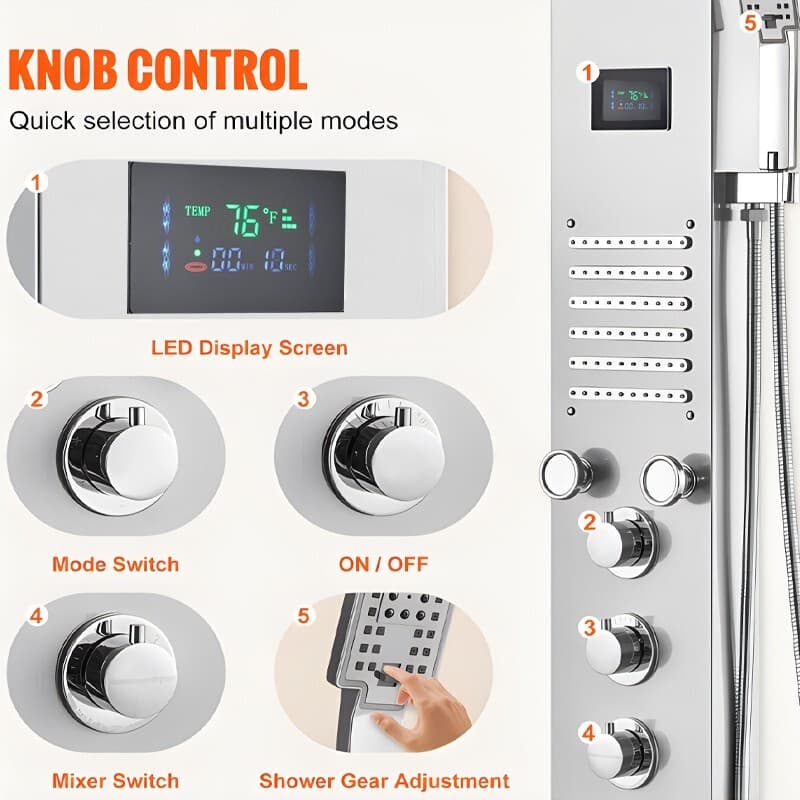 LED Rainfall 5in1 Shower Panel System W/Massage Jets&Hand Spray Stainless Steel 6