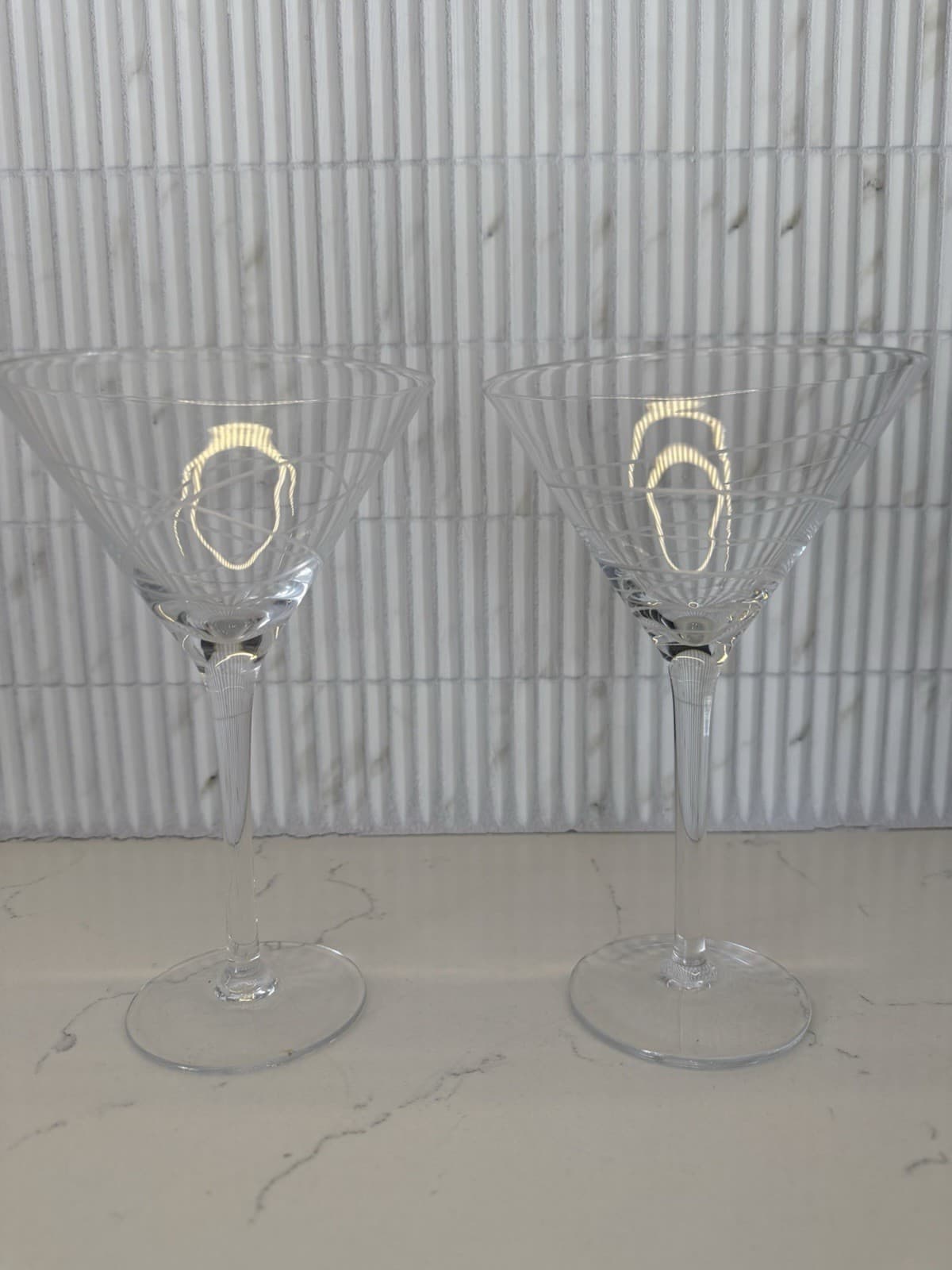 Lot of 2 MIKASA Crystal Glass Cheers Etched Swirl Martini Glasses 2
