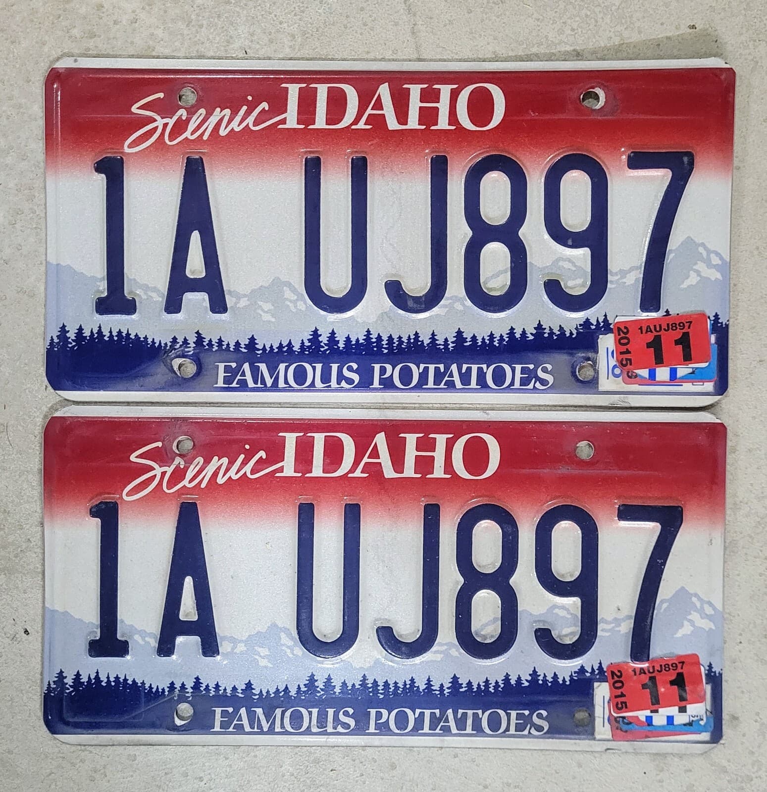 2015 IDAHO LICENSE PLATE PAIR 🔥FREE📬🔥 1A UJ897 ~ EMBOSSED MATCHING TAG SET