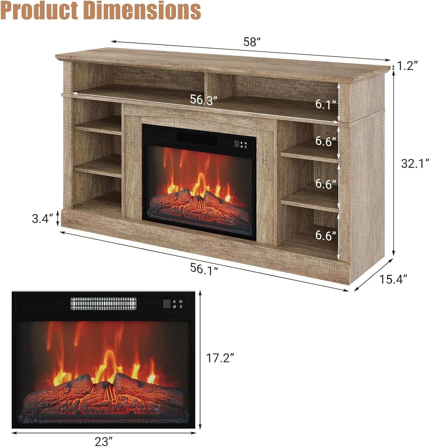 Electric Fireplace TV Stand 58 Inch with 23 Inch Wick Remote 1400W Heater 6