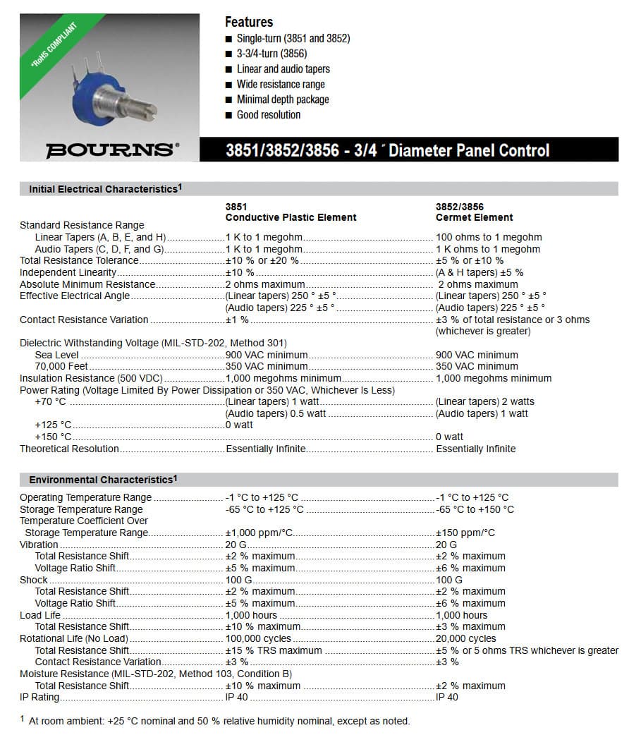 Bourns Cermet Linear Potentiometer, 3852A-282-502A, 5K Ohm, 2W, ±10%,  (NOS) 5