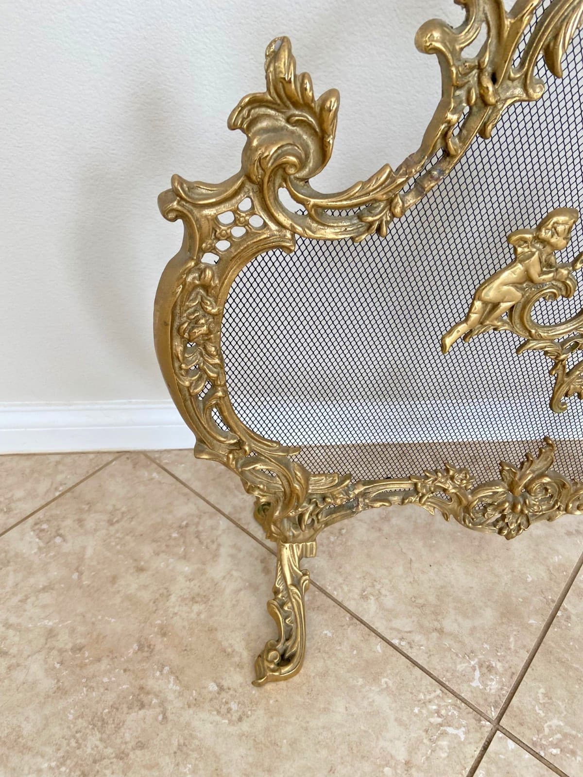 Vintage Brass French Rococo Ornate Etched Cherubs Fireplace Screen Spark Guard 4
