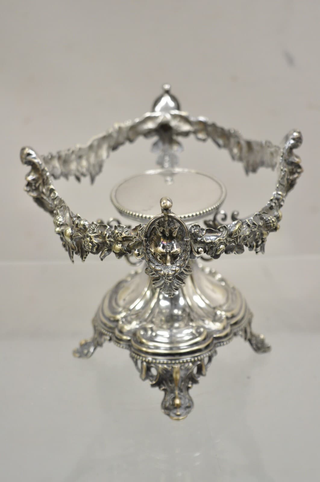 Antique French Victorian Silver Plated Figural Centerpiece Bowl Pedestal Base 5