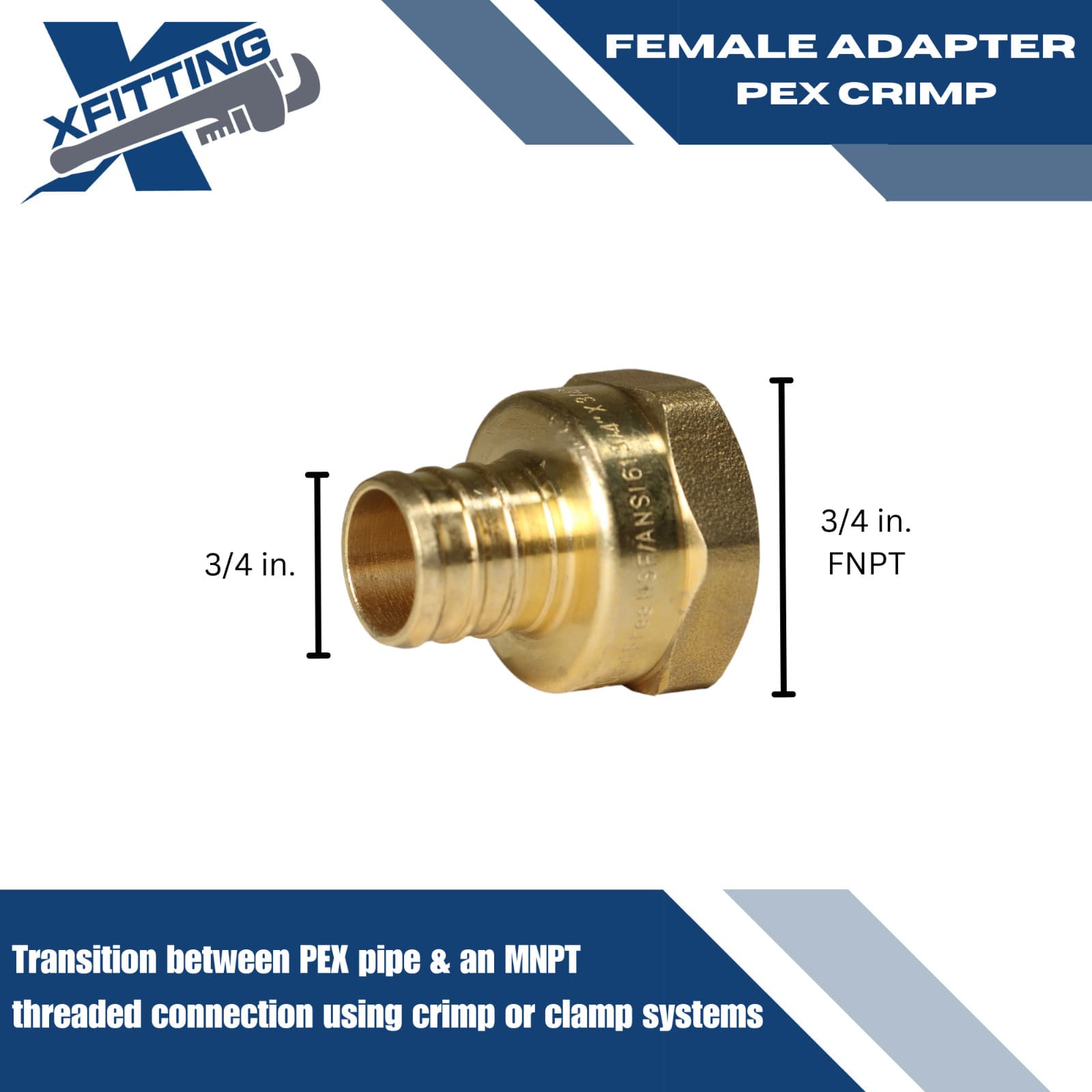 1 Pc XFITTING 3/4" Pex x 3/4" Female NPT Threaded Adapter, Lead Free Brass 5