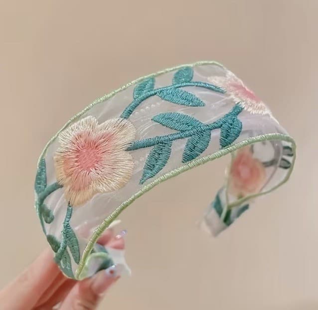 Vintage Retro Green And Yellow Floral Embroidered Lace Fabric Hair Band Headband