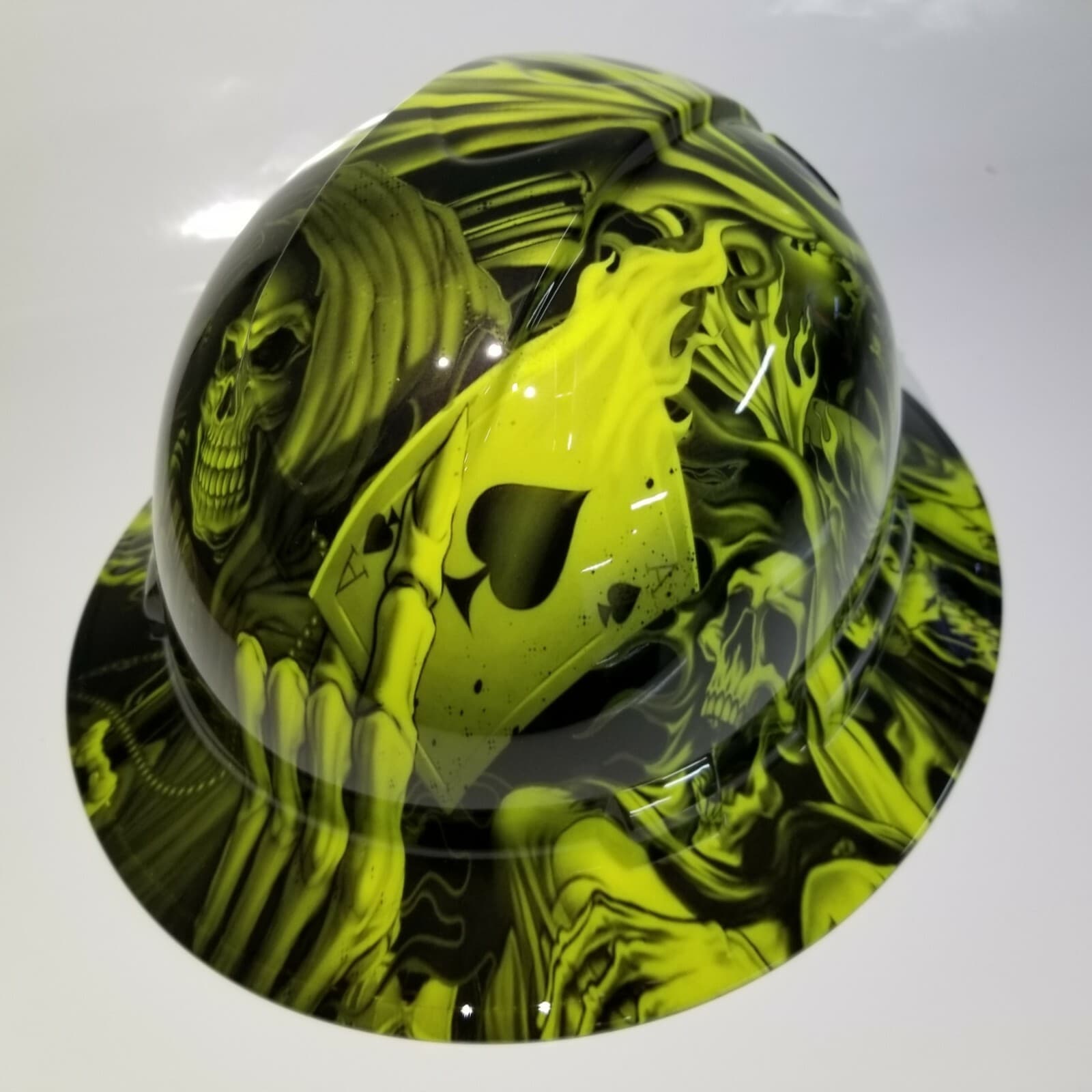 FULL BRIM Hard Hat custom hydro dipped in HI VIS GREEN ACE OF SKULLS NEW 5