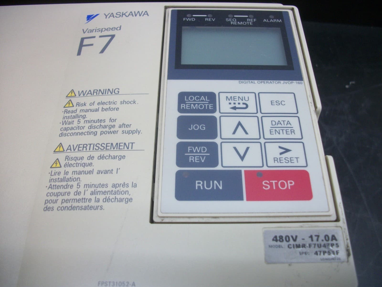 YASKAWA VARISPEED F7 VARIABLE FREQUENCY DRIVE CIMR-F7U47P5 480VOLT 3PH 17AMP 3