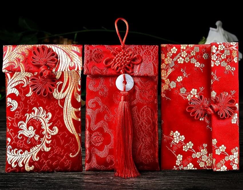 3 PACK! Chinese New Year Silk Red Cash Envelopes, Lucky Money Card Pocket