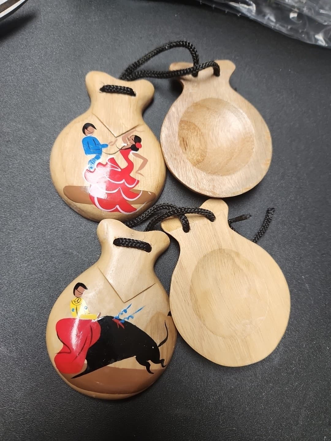 Two Pair Vintage Hand Carved & Painted Wooden Spanish Castanets Espana Dancer