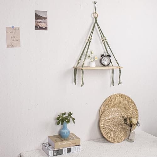  Green Macrame Wall Hanging Shelf, Boho Macrame Wall Decor for Green Brown 3