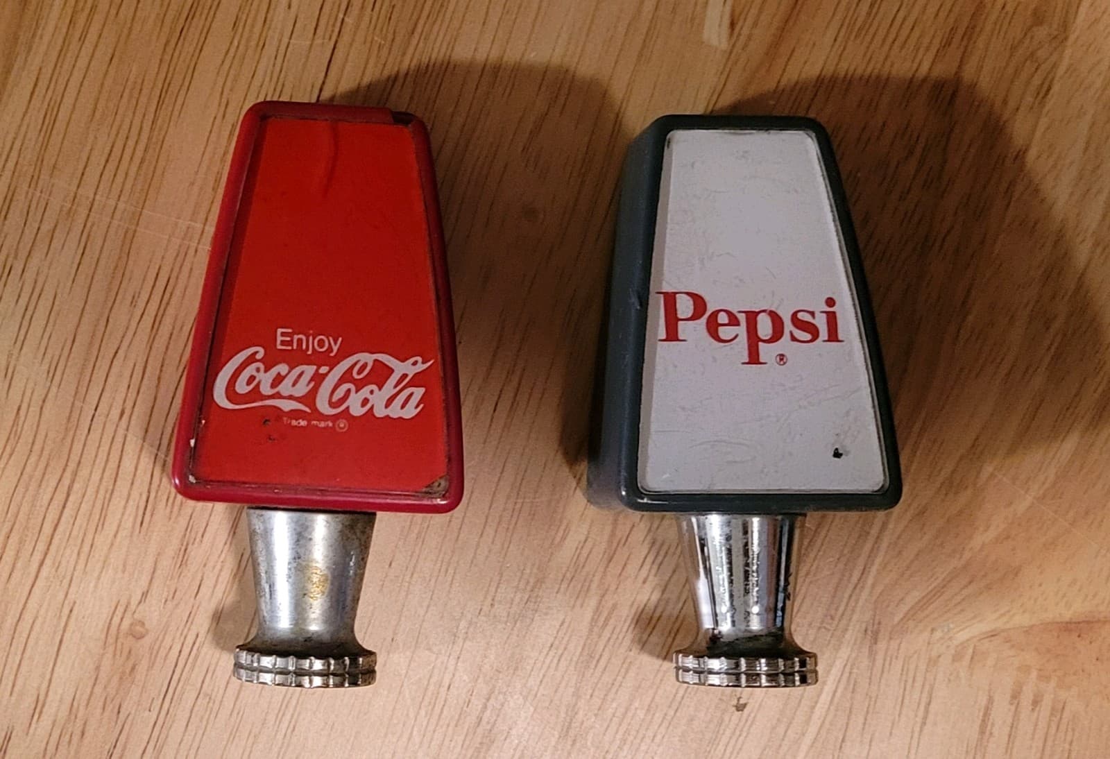 2 Vintage  3" Coca-Cola & Pepsi Soda Fountain Dispenser Tap Topper Handles 