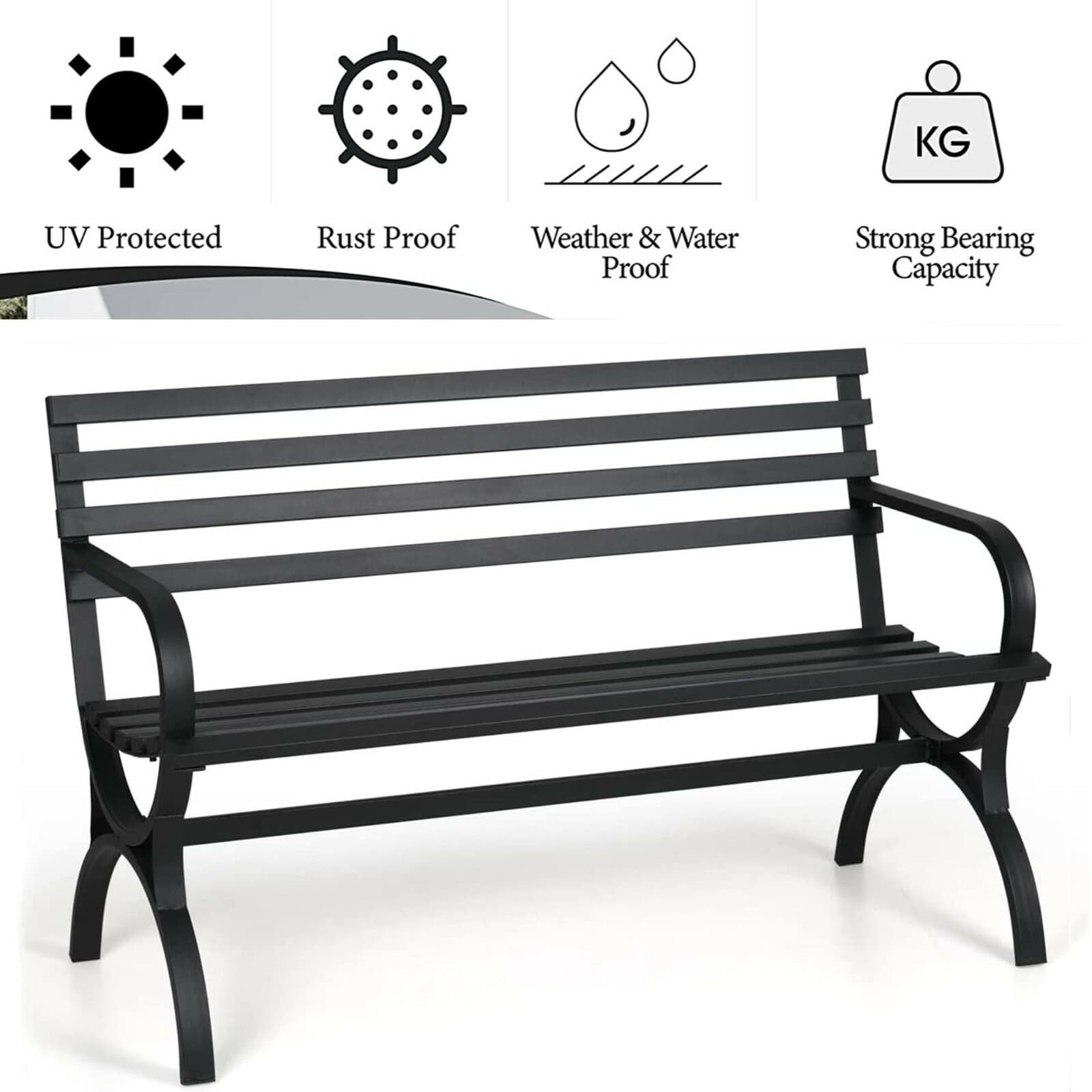 Outdoor Bench Metal Patio Chair Porch Garden Park Path Deck Seating Black 2