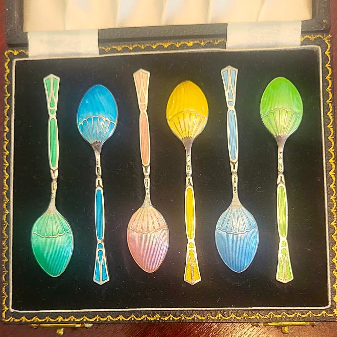 STUNNING Vtg Guilloche Enameled Sterling Silver Art Deco 6 Spoon Set BIRMINGHAM 4