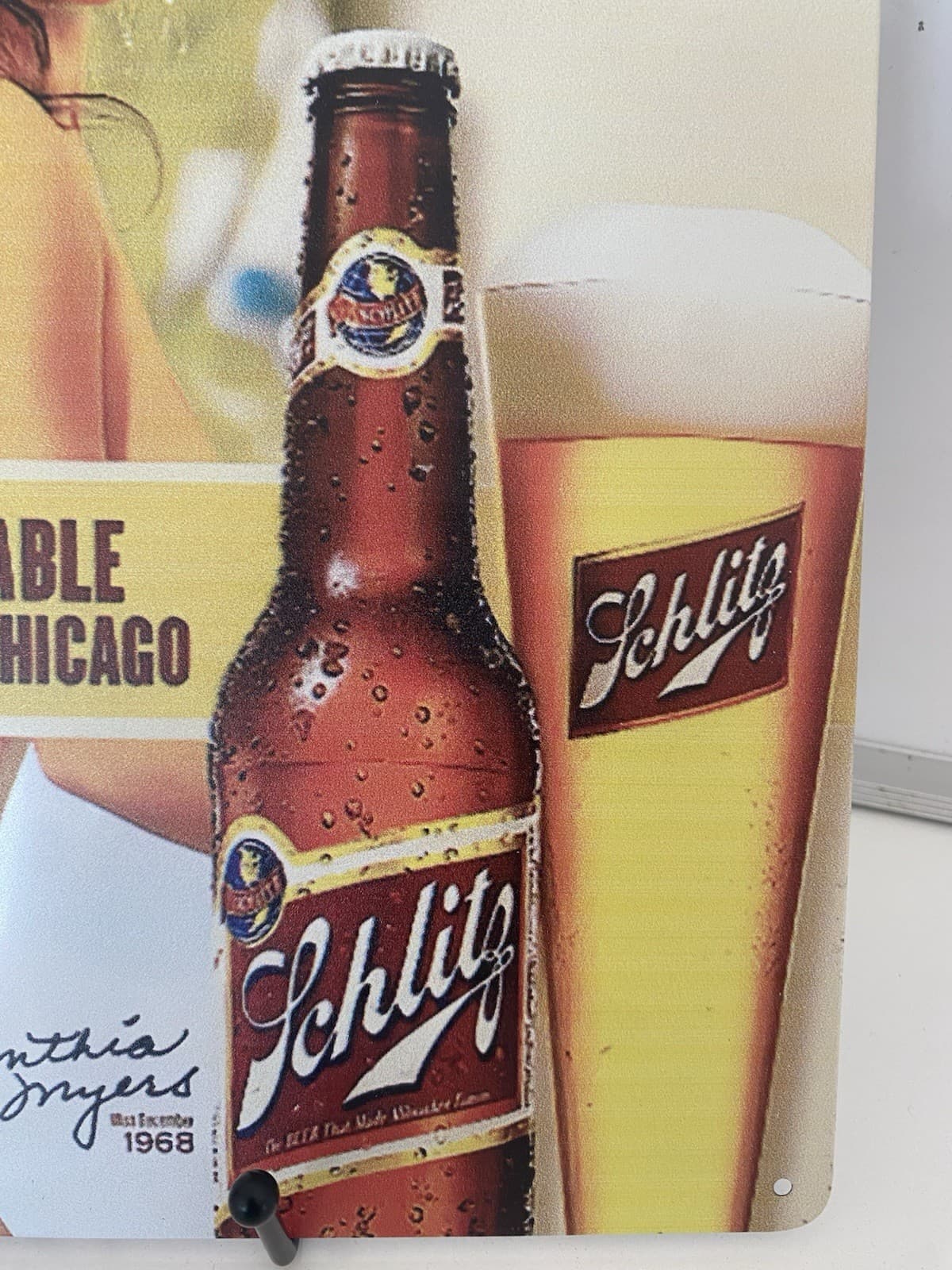Schlitz Beer Malt Liquor Metal Sign - Cynthia Myers - 1968 Available in Chicago 3