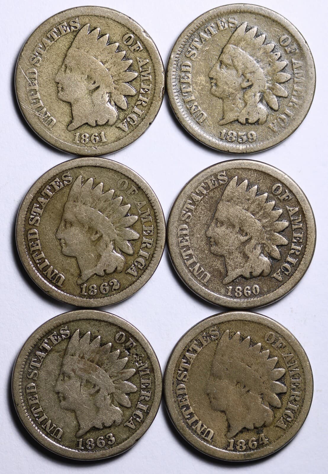 1859-1864 CN SHORT SET INDIAN HEAD CENT LOT OF 6 G/VG FREE SHIPPING 