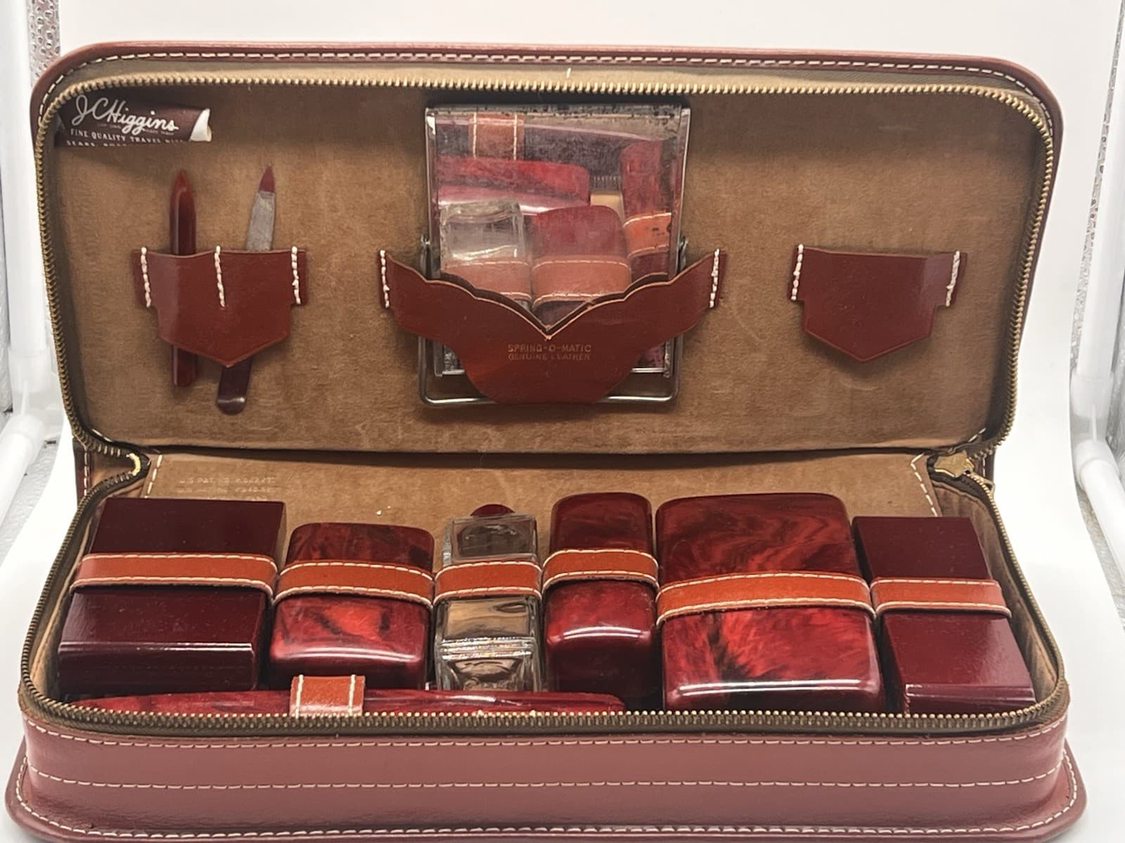 NOS Vtg 1940s JC Higgins Sears Large Leather Travel Kit Dressing Case 11 Pieces 2