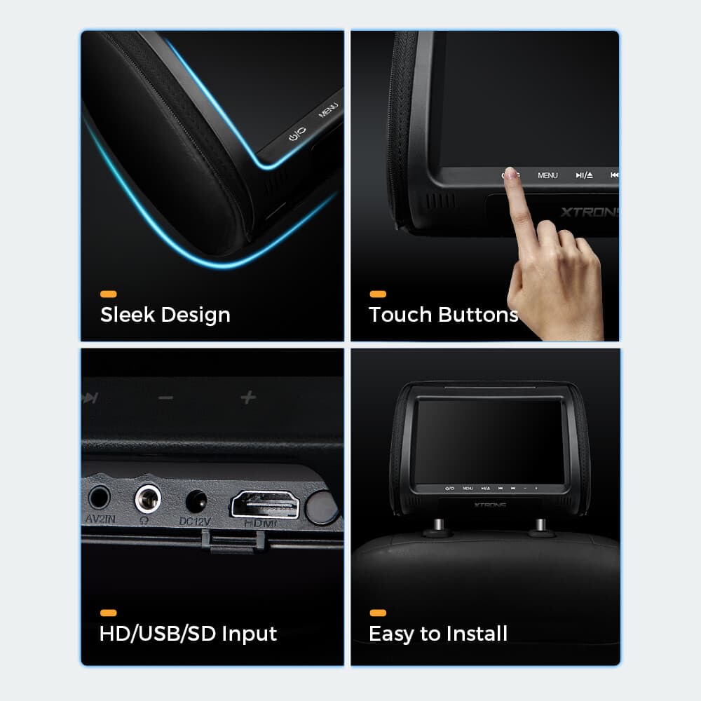 1 Pair 9" HD Car Pillow Headrest Monitor DVD Player HDMI USB SD FM IR+Headphones 2