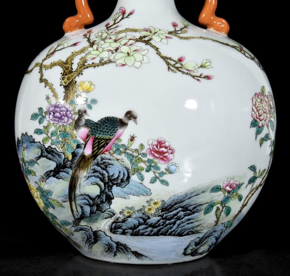 33CM Qianlong Signed Old Chinese Colour Enamel Flask Vase W/bird U1350 6
