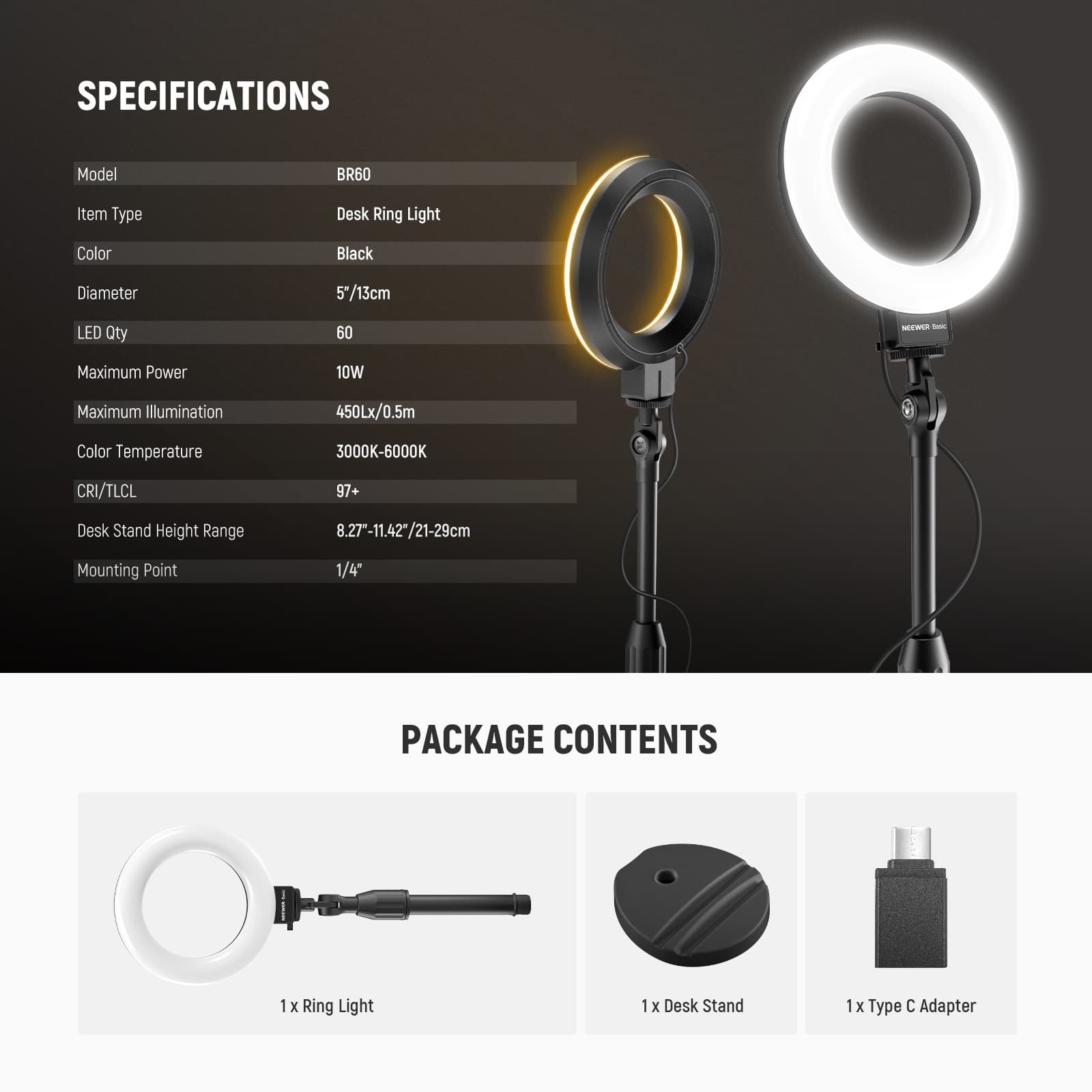 NEEWER BR60 5in Desk Ring Light 10W LED for iPhone Laptop Webcam Makeup 4