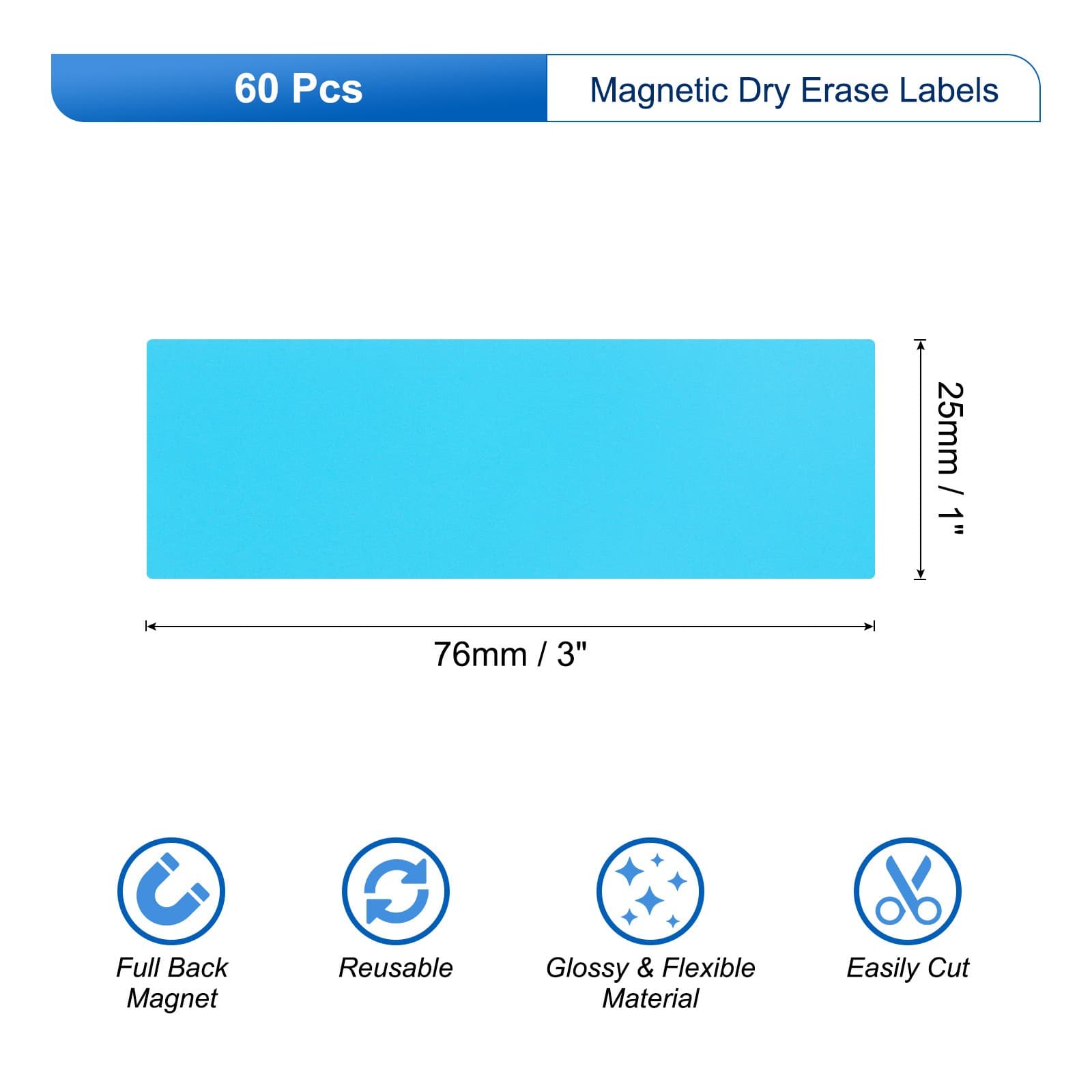 60 Pcs Dry Erase Magnetic Labels Strips 3" x 1" Writable Sky Blue 2