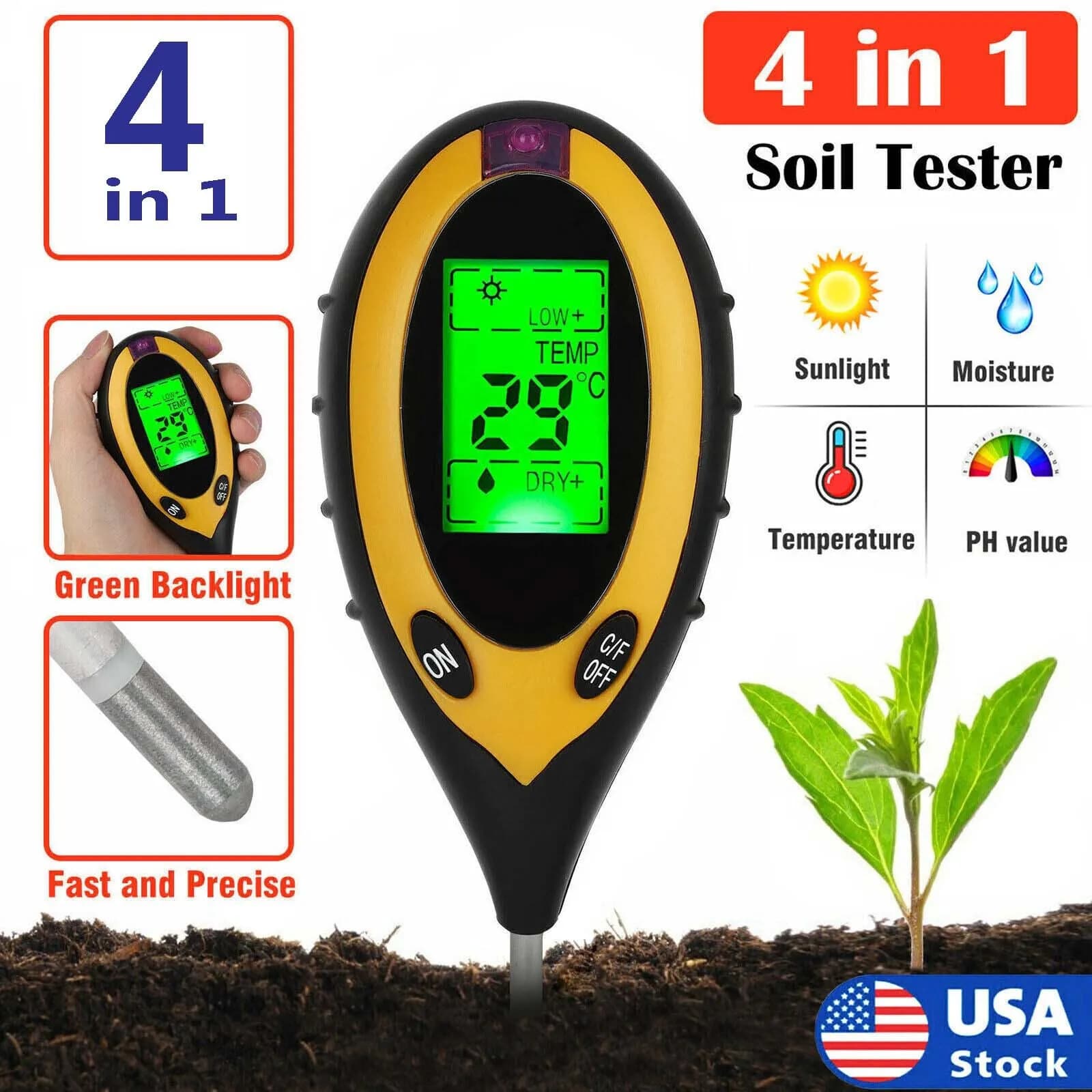 4 in1 LCD Digital Soil PH Meter Tester Temperature Sunlight Fertility Hygrometer