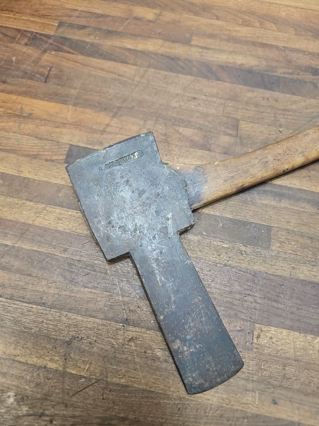 R1-Antique Hand Forged JB STOHLER Schaefferstown Pa Center Post Hole Mortise Axe