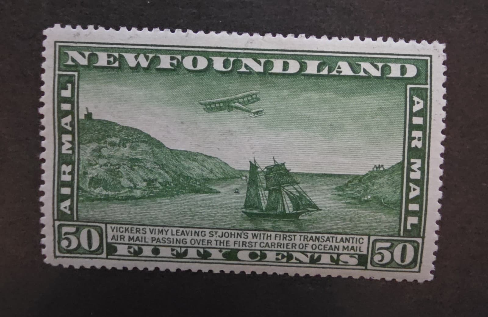 1931 Newfoundland Airmail Stamp Scott C7 - 50c Biplane Unused MH OG T17903