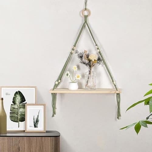  Green Macrame Wall Hanging Shelf, Boho Macrame Wall Decor for Green Brown