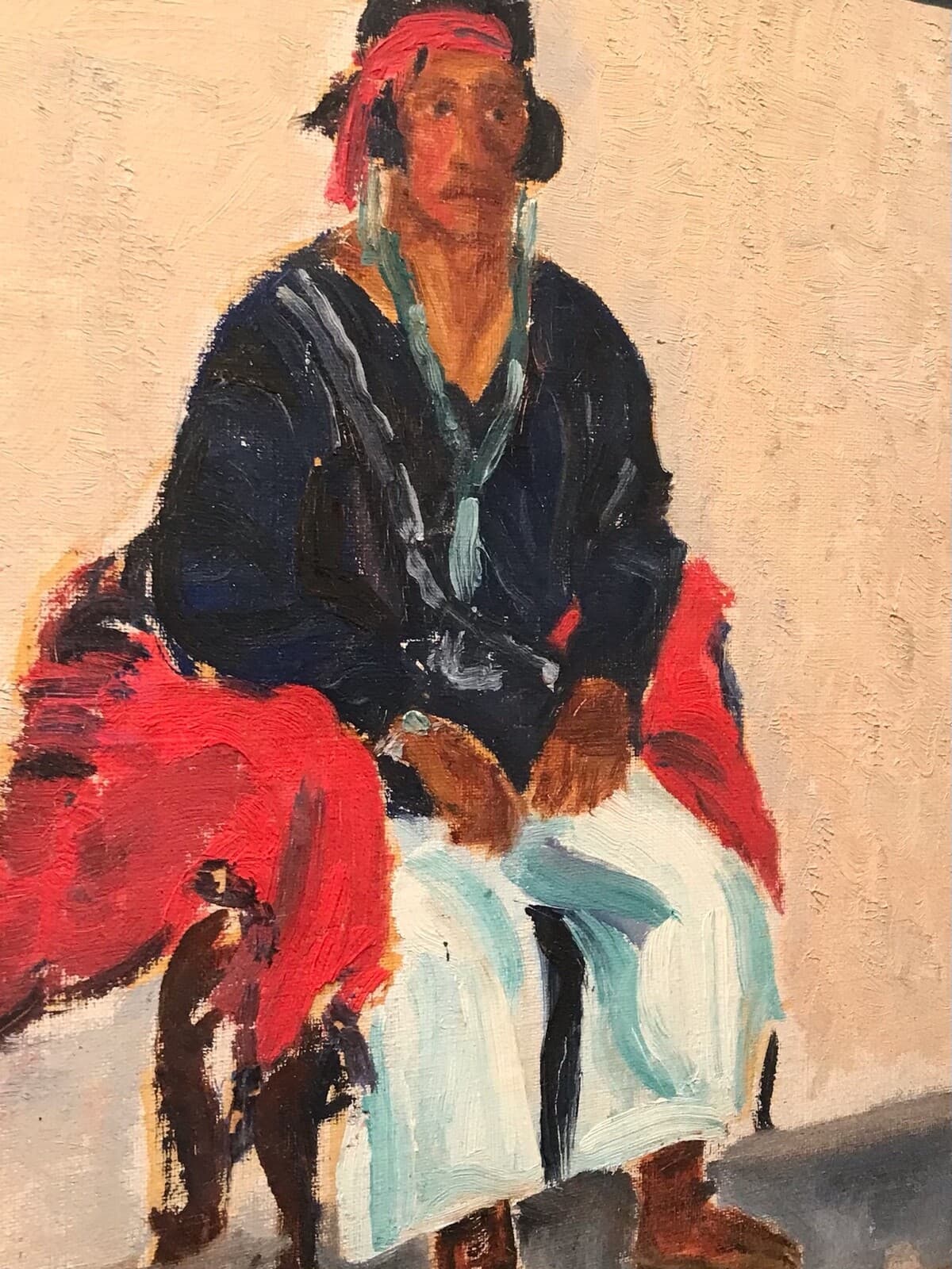 Antique SEATED NAVAJO Impressionist Oil/Board Painting,Gilt Frame,Unsigned,20thC 5