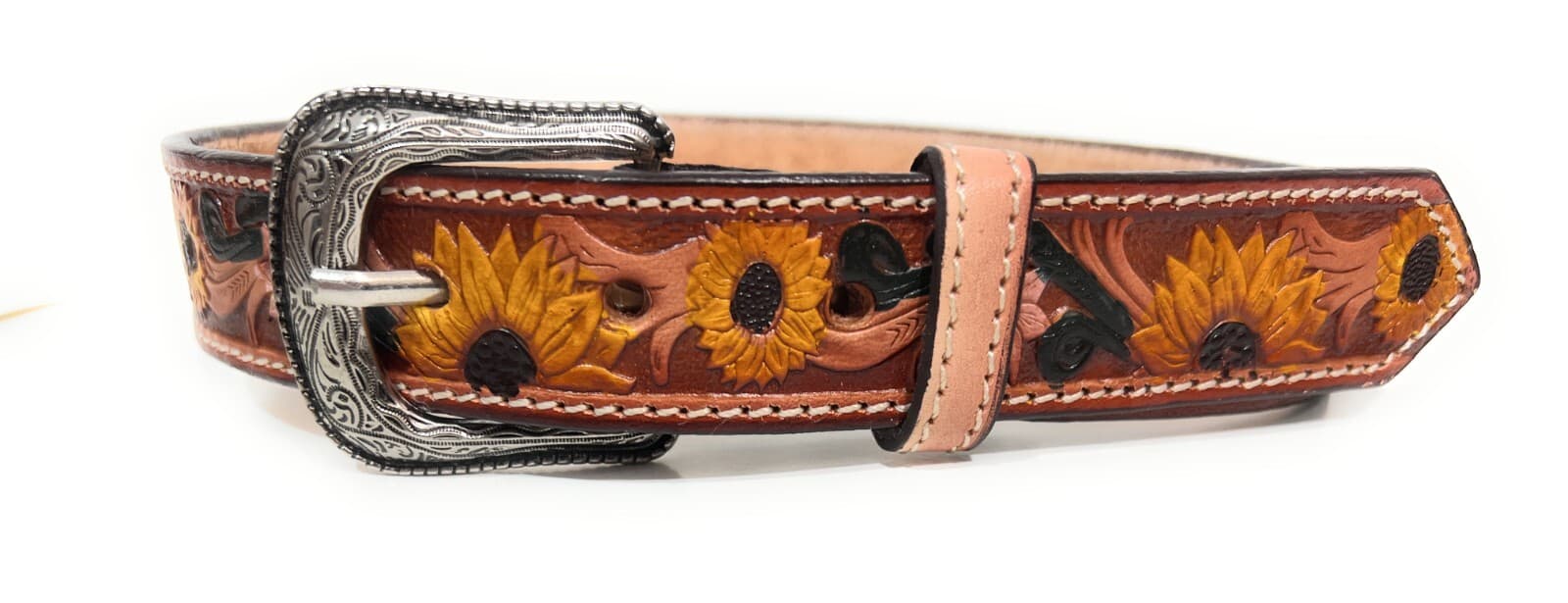 KIDS SUNFLOWER WESTERN LEATHER BELT, HAND DECORATED BABY TODDLER LEATHER BELT 2