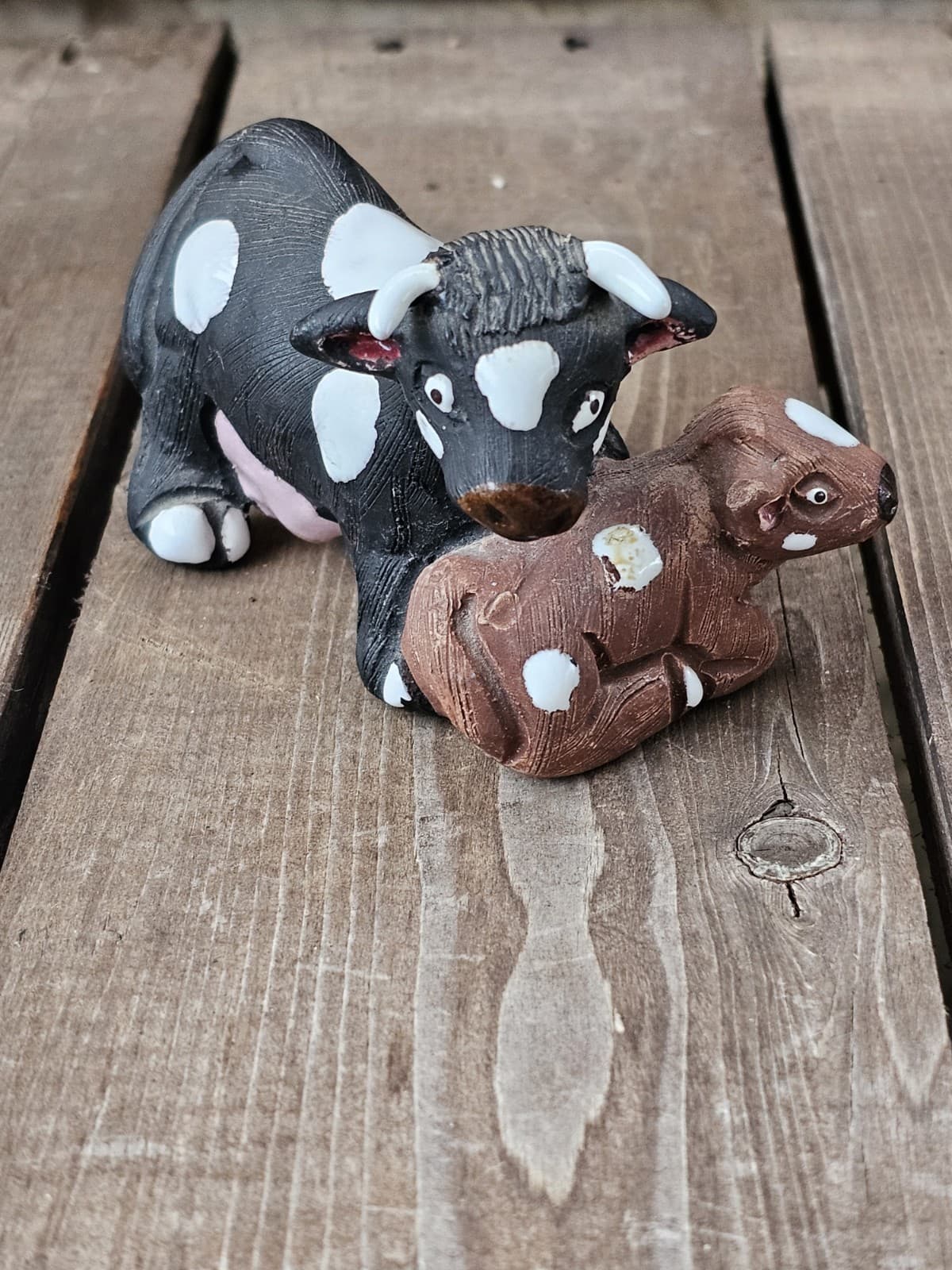 Vintage Handmade Signed Peruvian Clay Cow & Calf Peru Folk Art Native American  2