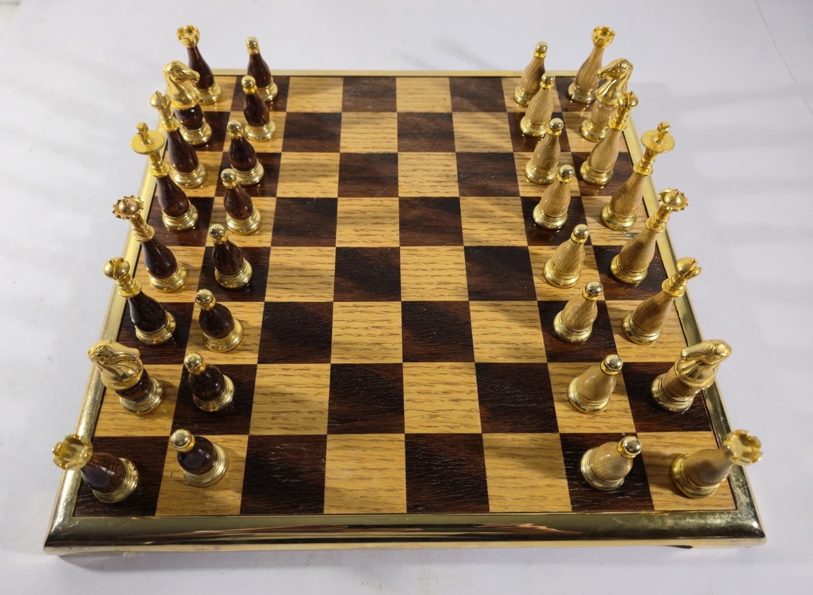 Vintage Oak Gold Plated Chess Set Wood & Metal Weighted Pieces & 15" Board 3