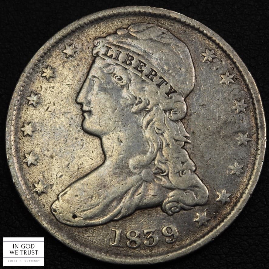 1839 Reeded Edge Capped Bust Silver Half Dollar 50C - Cleaned