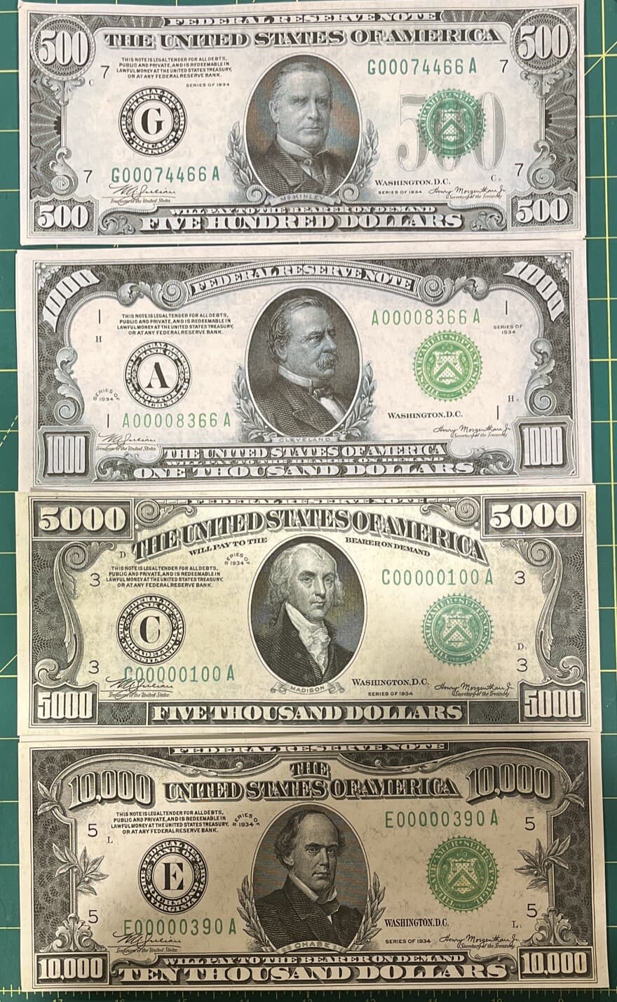 Reproduction Set 1934 Fed Reserve Notes $500 $1000 $5000 $10000 Copy See Below!!
