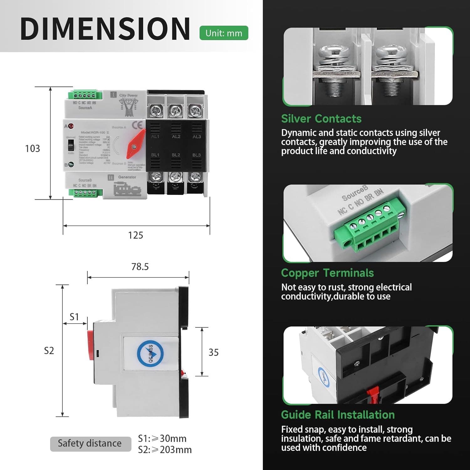 100Amp AC110V Automatic/Manual Transfer Switch 3P 50/60Hz, 3POLE 100A Mini ATS S 5