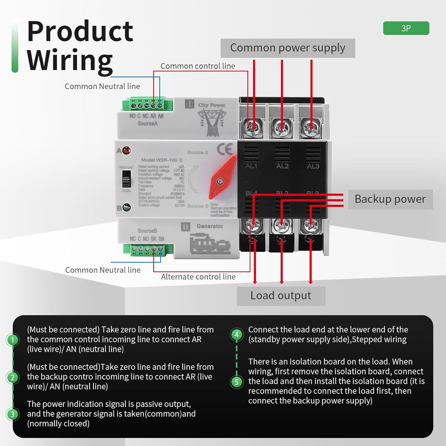 100Amp AC110V Automatic/Manual Transfer Switch 3P 50/60Hz, 3POLE 100A Mini ATS S 4