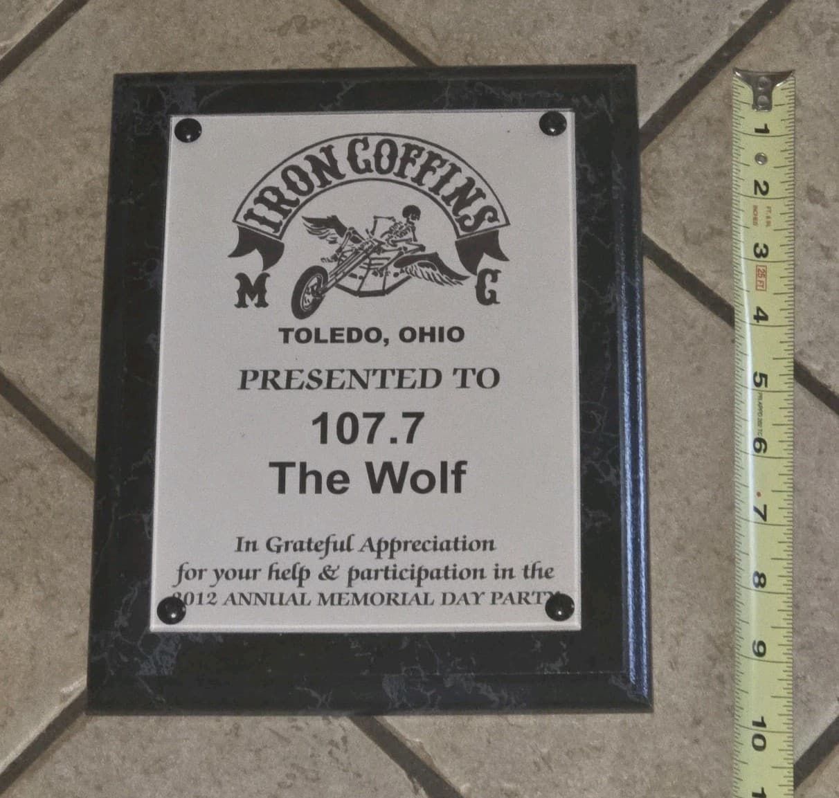 IRON COFFINS Biker Motorcycle Club Black 1% Toledo Ohio PLAQUE AWARD 2012 PARTY