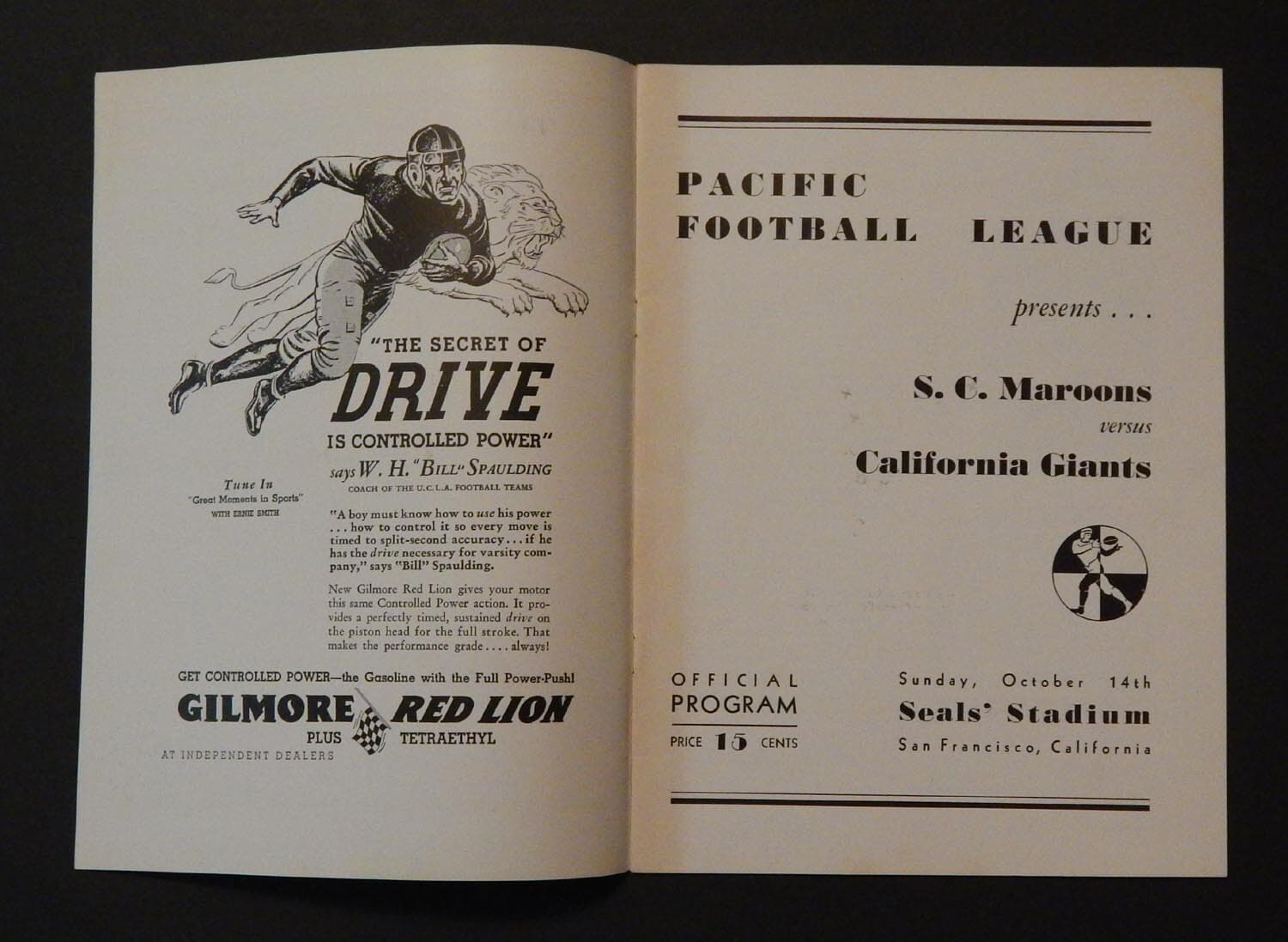 1934 PACIFIC FOOTBALL LEAGUE PROGRAM SC MAROONS CALIFORNIA GIANTS SEALS STADIUM 2