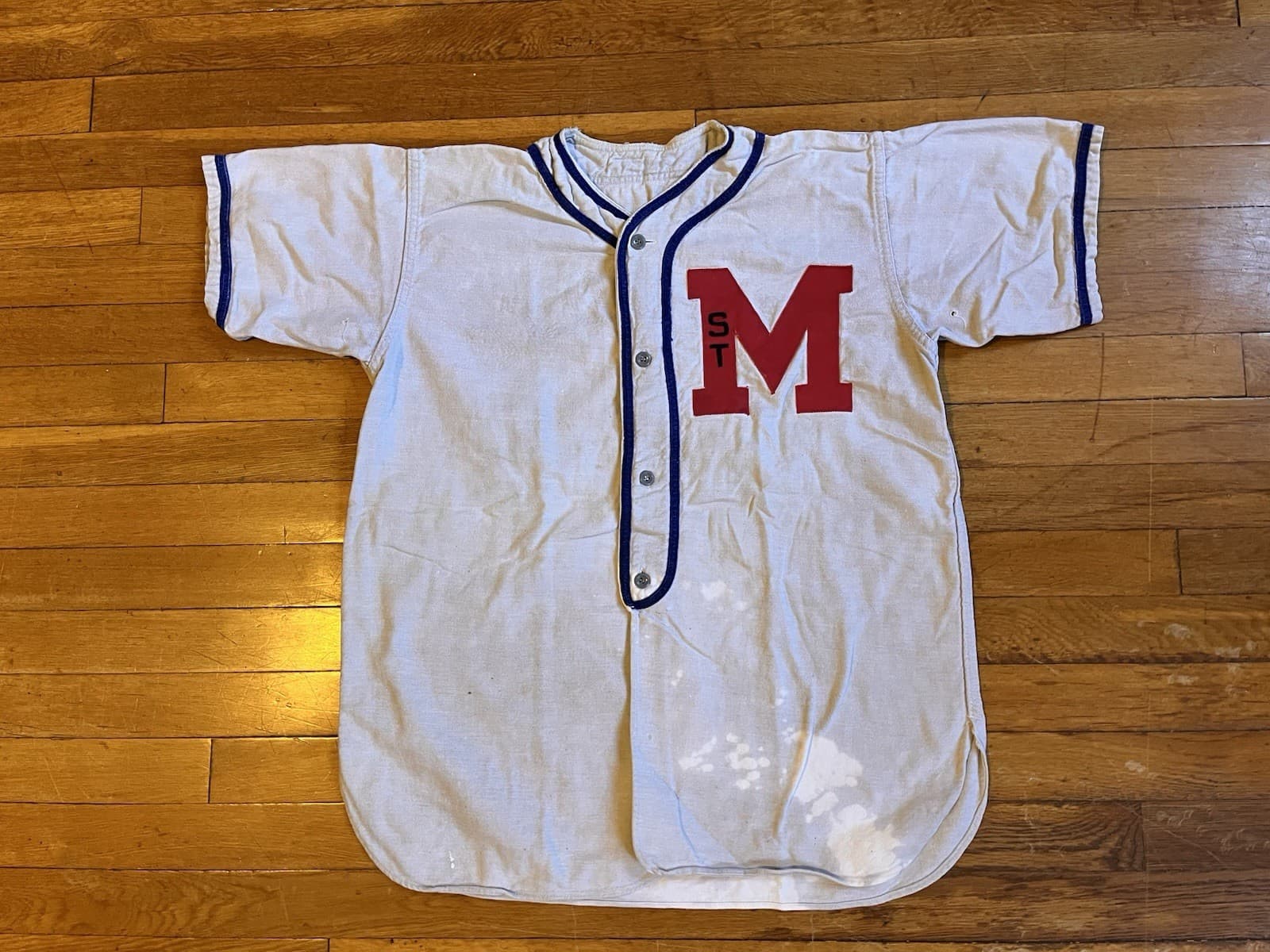 VINTAGE St. M High School Baseball Jersey Men’s L Blueish White 70s 80s