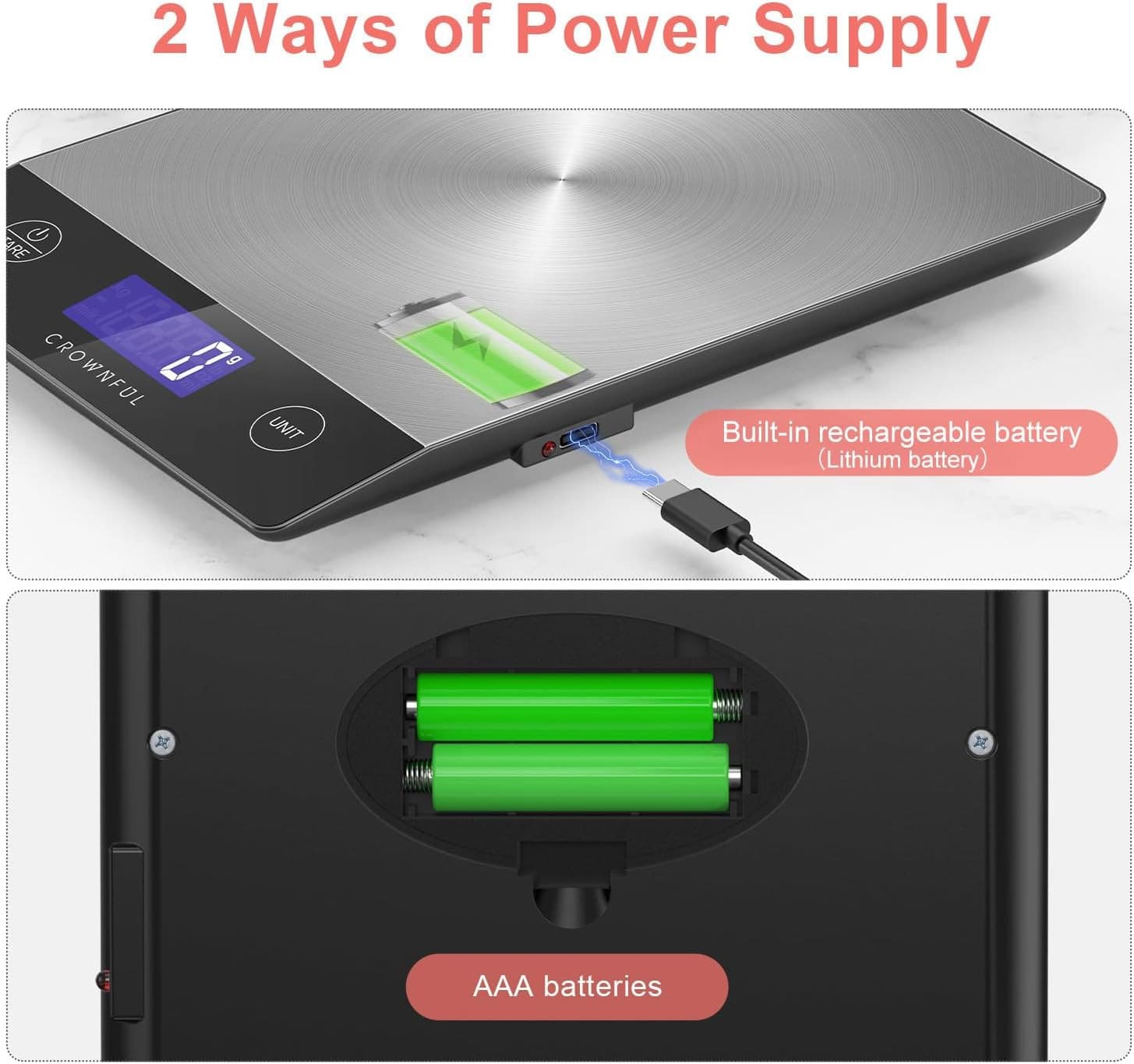 Digital Food Scale 33lb Kitchen Weight Scale USB Rechargeable Stainless Steel 2