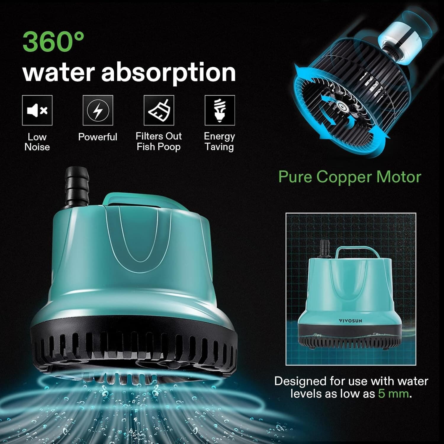 VIVOSUN 660GPH 40W Submersible Pump for Fish Tank, Pond, W/ 5ft Power Cord 3