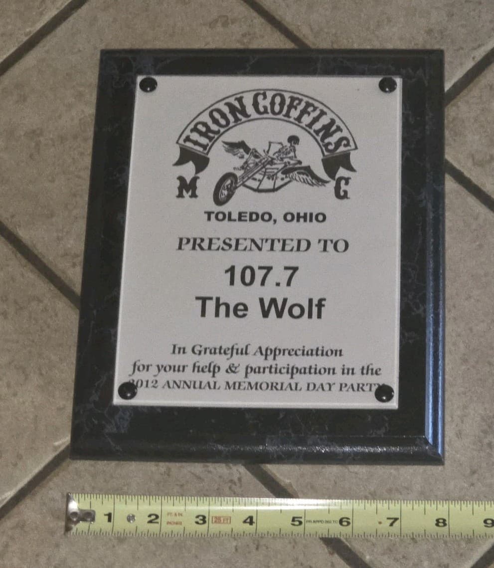 IRON COFFINS Biker Motorcycle Club Black 1% Toledo Ohio PLAQUE AWARD 2012 PARTY 2